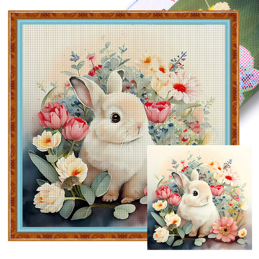 Rabbit A Among Flowers - 11CT Stamped Cross Stitch 50*50CM