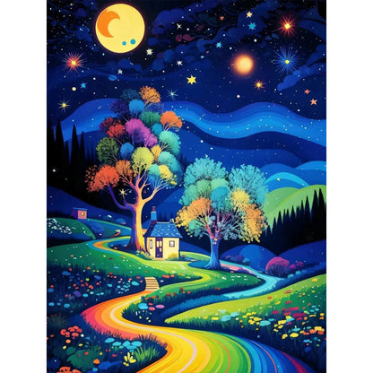 Starry Night Forest Cabin - Full Round Drill Diamond Painting 30*40CM