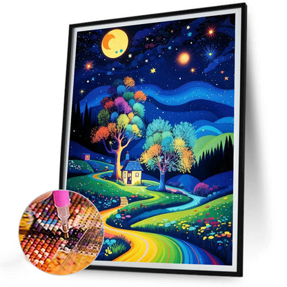 Starry Night Forest Cabin - Full Round Drill Diamond Painting 30*40CM