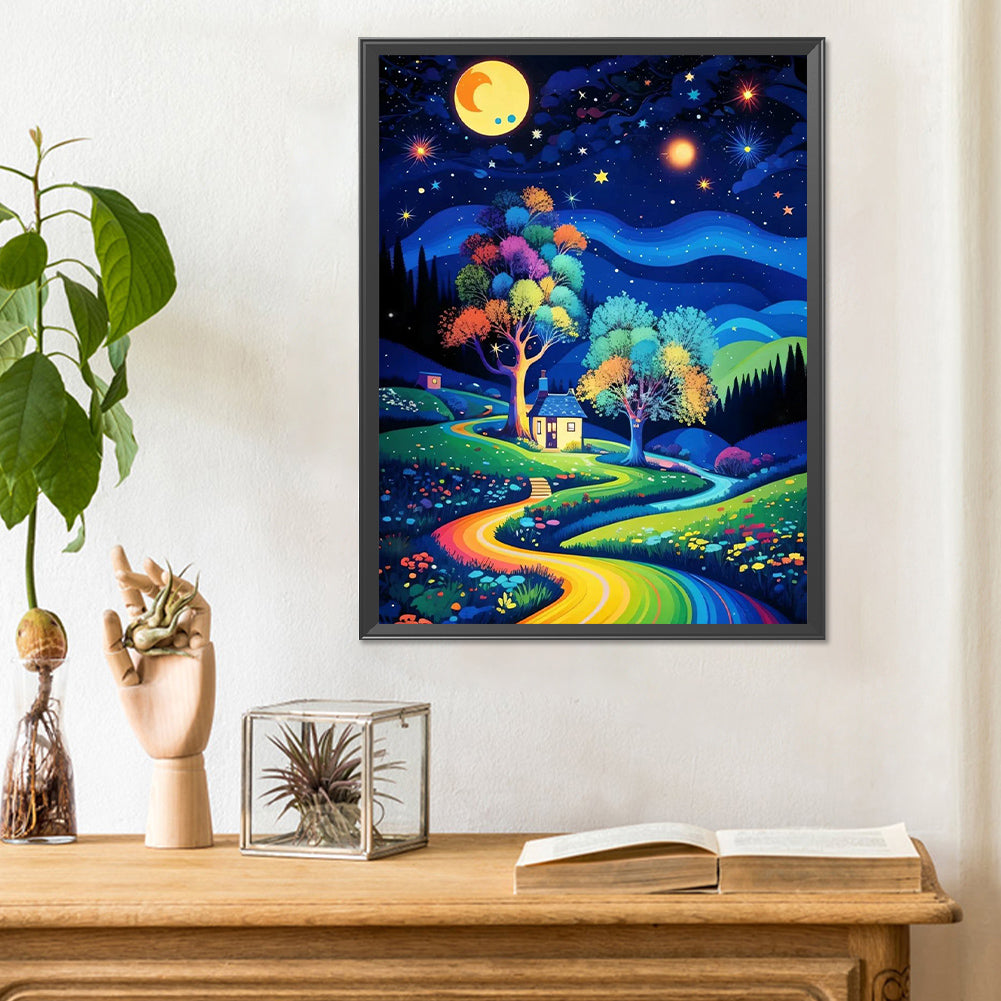Starry Night Forest Cabin - Full Round Drill Diamond Painting 30*40CM