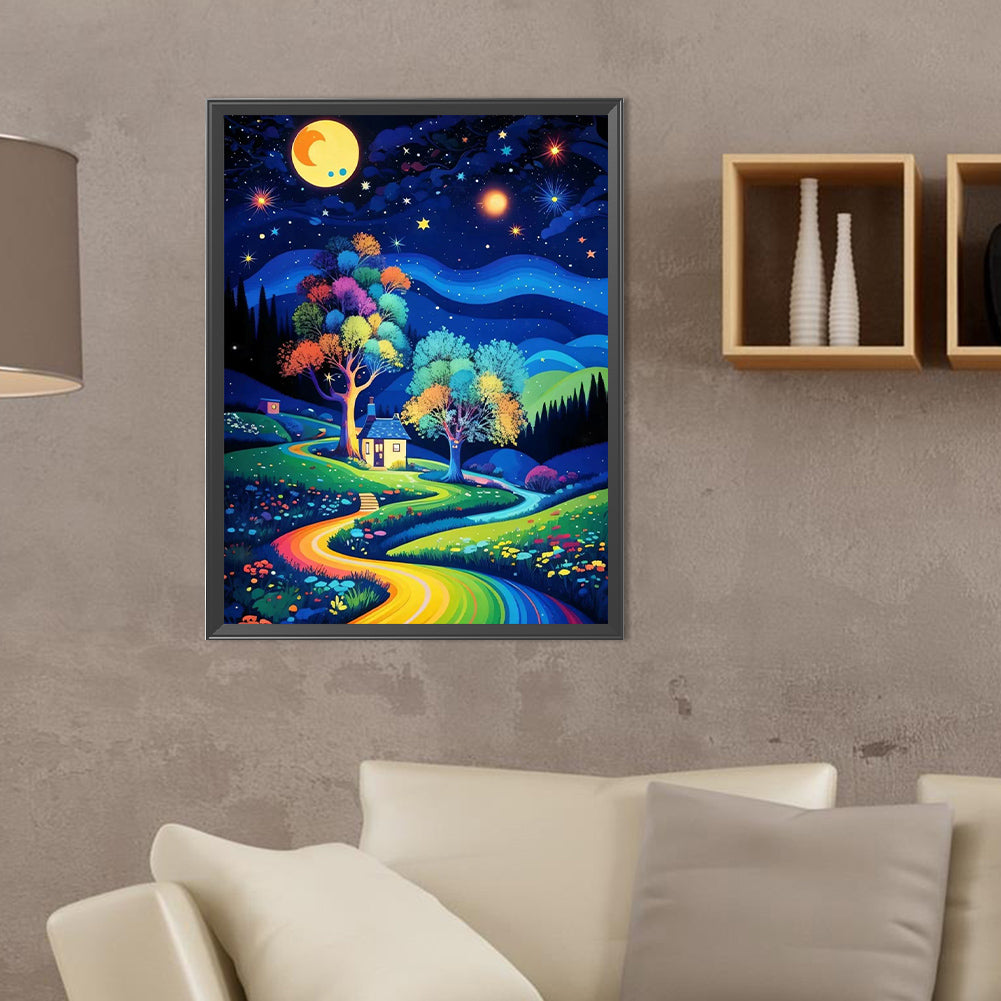 Starry Night Forest Cabin - Full Round Drill Diamond Painting 30*40CM