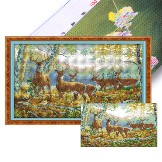 Five Deer In The Forest - 11CT Stamped Cross Stitch 77*52CM(Joy Sunday)