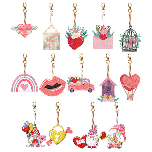 14 Pcs Valentines Day Rainbow Double Sided Diamond Painting Art Keychain Pendant