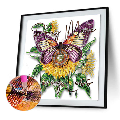 Butterfly Sunflower Calligraphy And Painting - Special Shaped Drill Diamond Painting 30*30CM