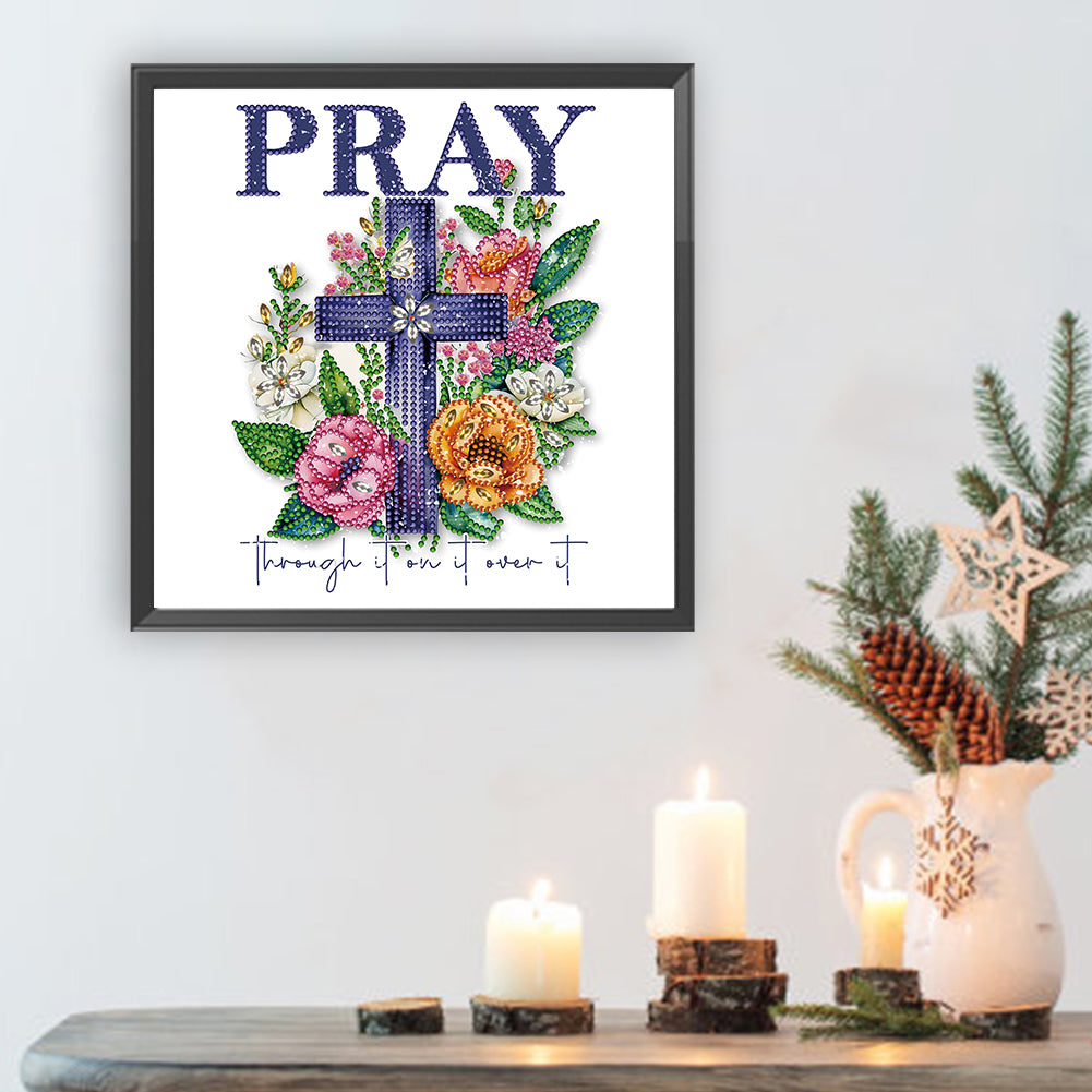 Flowers Cross Calligraphy And Painting - Special Shaped Drill Diamond Painting 30*30CM