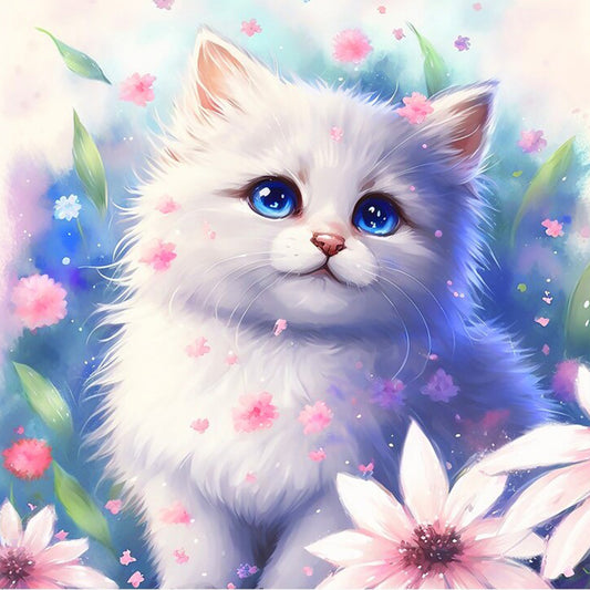 Flowers And White Cat - Full Round Drill Diamond Painting 30*30CM