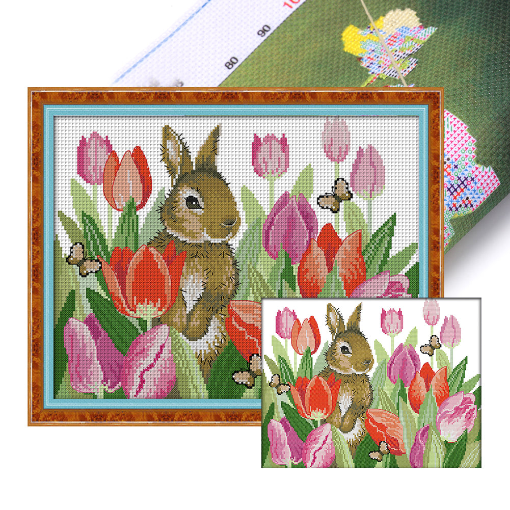 Rabbit In Tulips - 11CT Stamped Cross Stitch 48*40CM(Joy Sunday)