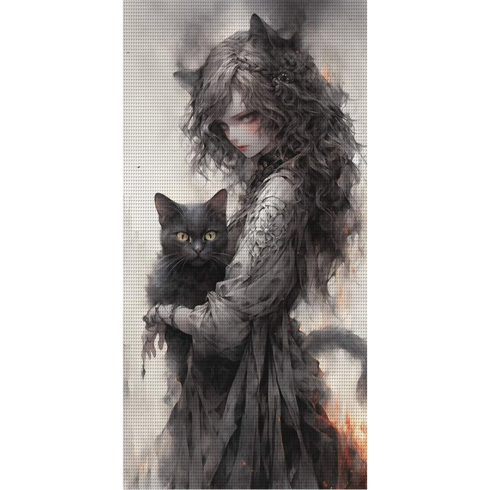 Black Cat Girl - 11CT Stamped Cross Stitch 50*100CM