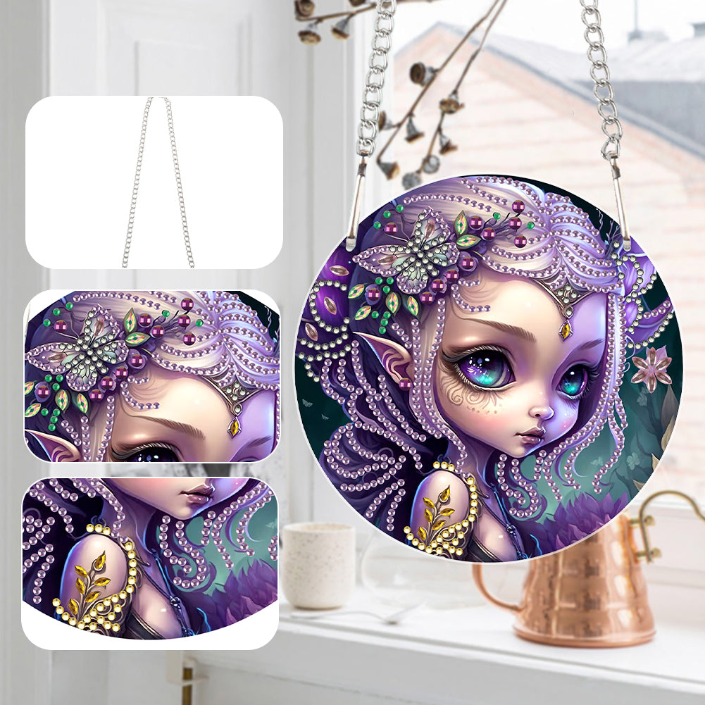 Acrylic Single-Sided 5D DIY Diamond Painting Hanging Pendant(Purple-Haired Girl)