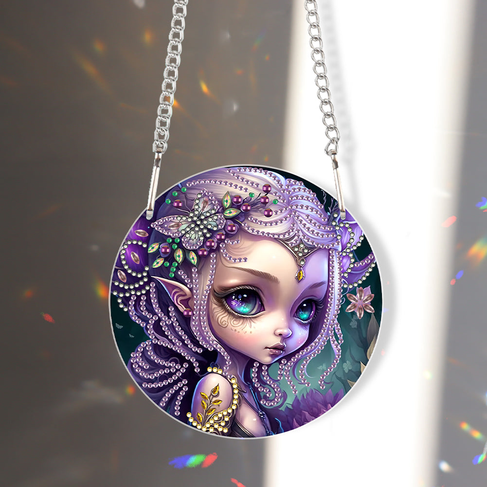 Acrylic Single-Sided 5D DIY Diamond Painting Hanging Pendant(Purple-Haired Girl)