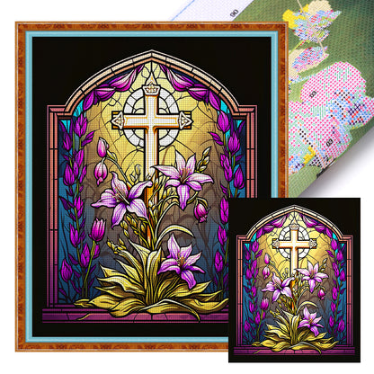 Glass Painting - Cross And Lilies - 11CT Stamped Cross Stitch 40*50CM