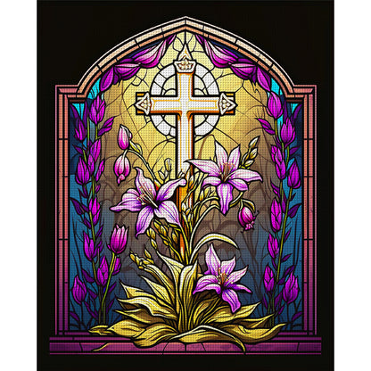 Glass Painting - Cross And Lilies - 11CT Stamped Cross Stitch 40*50CM