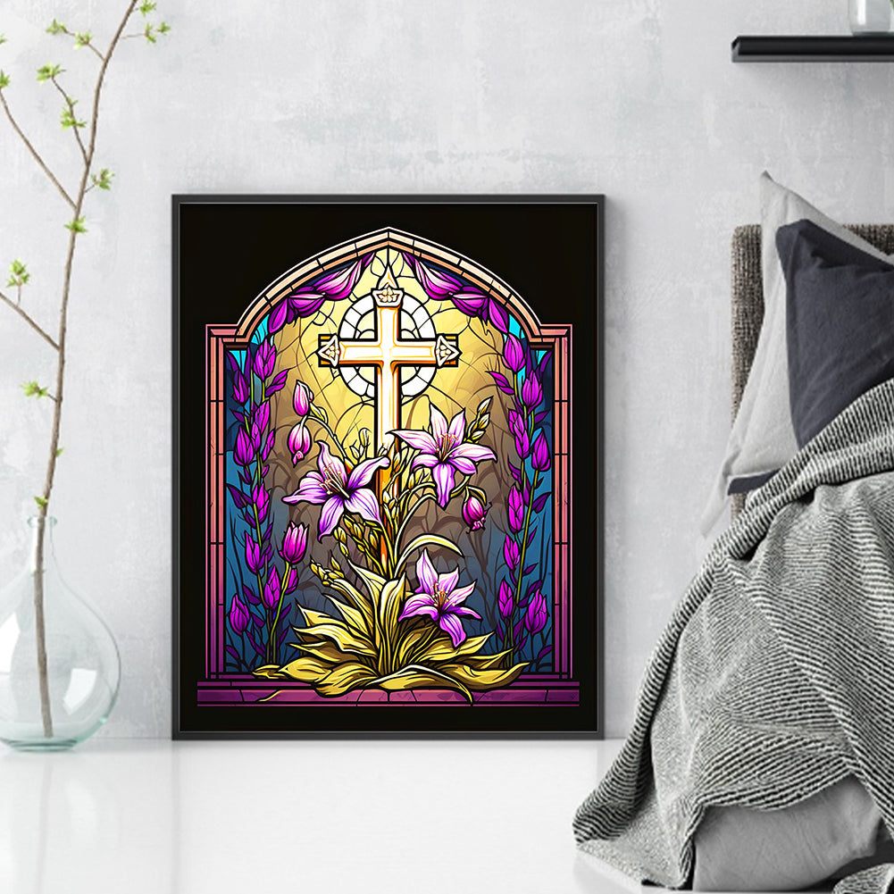 Glass Painting - Cross And Lilies - 11CT Stamped Cross Stitch 40*50CM