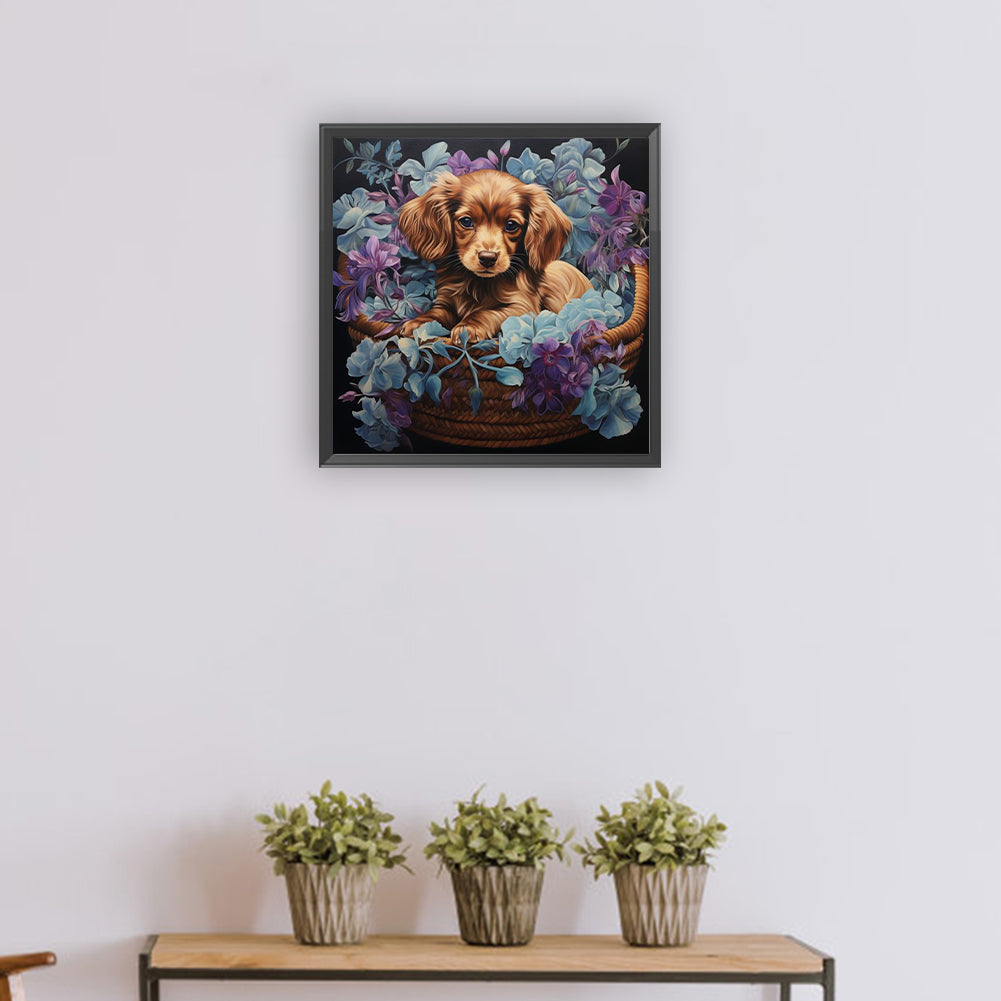 Puppy In Flower Basket - Full Round Drill Diamond Painting 30*30CM