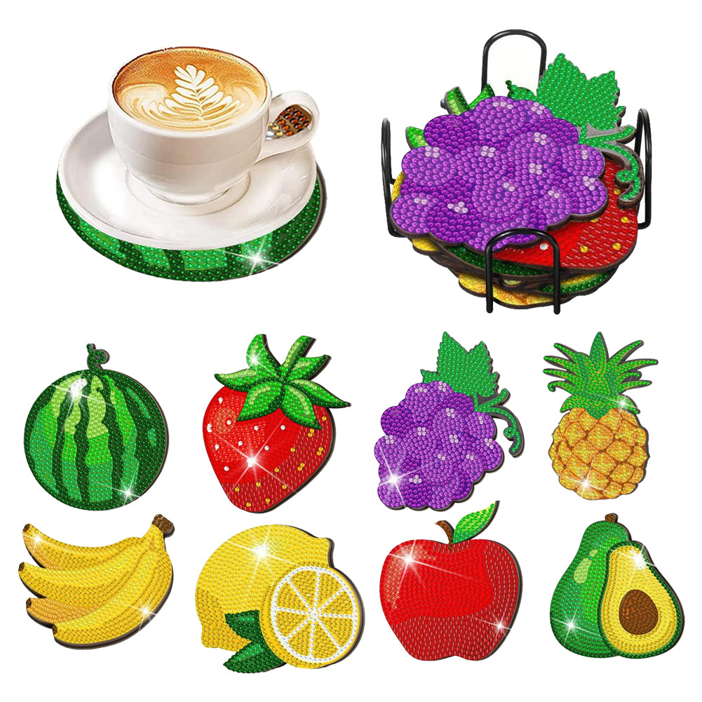 8 Pcs Acrylic Diamond Painting Coasters Kits with Holder for Beginner (Fruit)