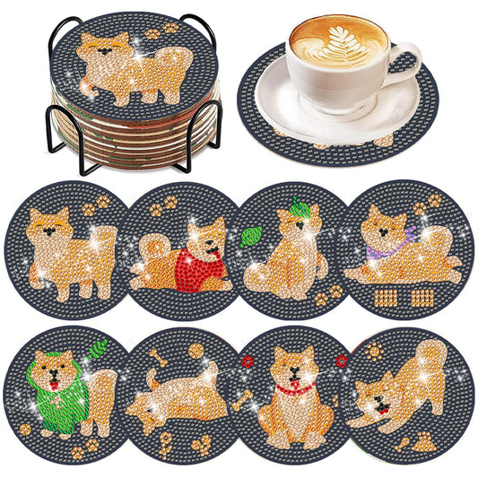 8 Pcs Acrylic Diamond Painting Coasters with Holder for Beginner (Corgi Puppy)