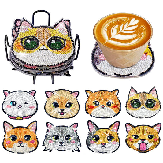 8 Pcs Acrylic Diamond Painting Coasters Kits with Holder for Beginner (Cat)