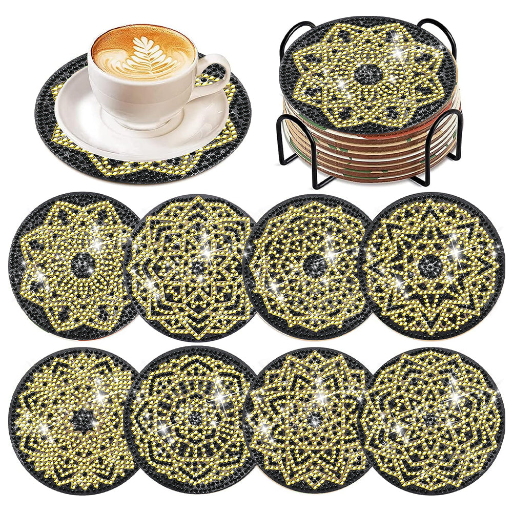 8 Pcs Acrylic Diamond Painting Coasters with Holder for Beginner (Black Gold)