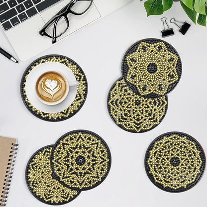 8 Pcs Acrylic Diamond Painting Coasters with Holder for Beginner (Black Gold)