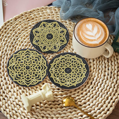 8 Pcs Acrylic Diamond Painting Coasters with Holder for Beginner (Black Gold)