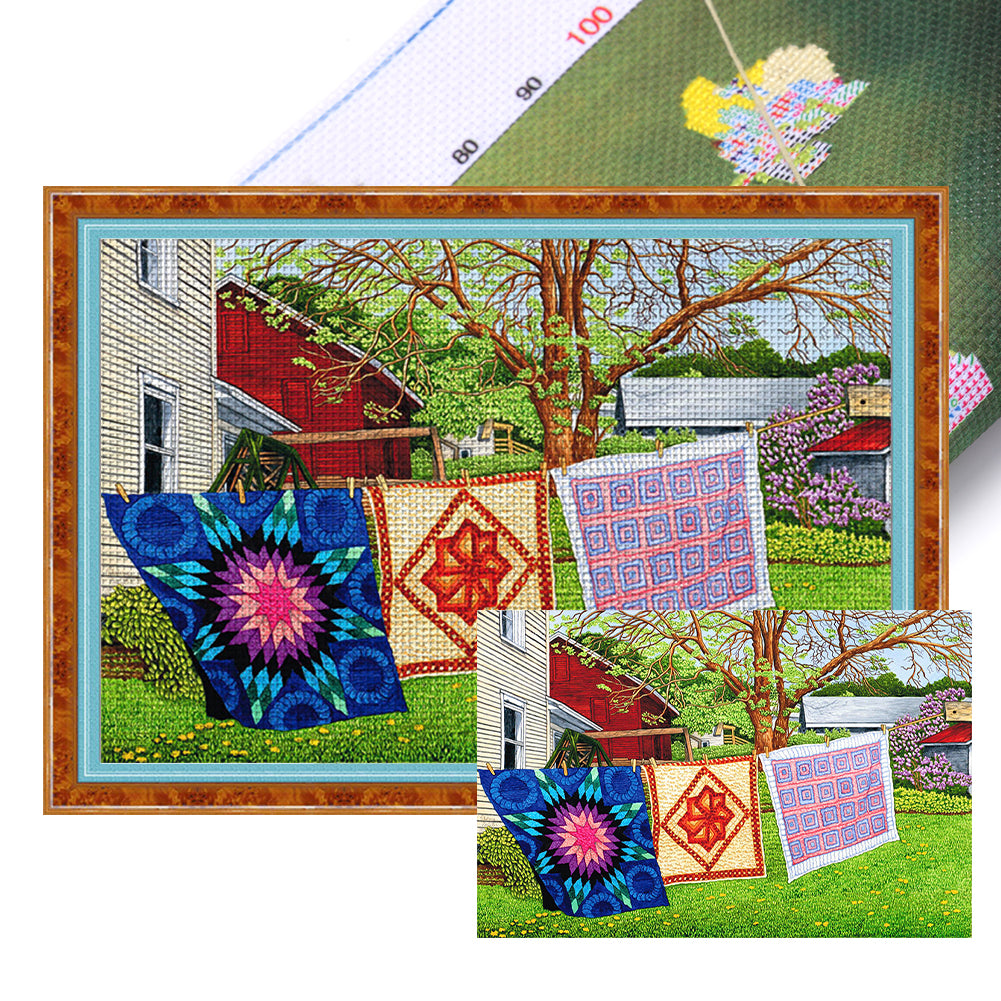 Drying Clothes In The Courtyard - 11CT Stamped Cross Stitch 70*50CM