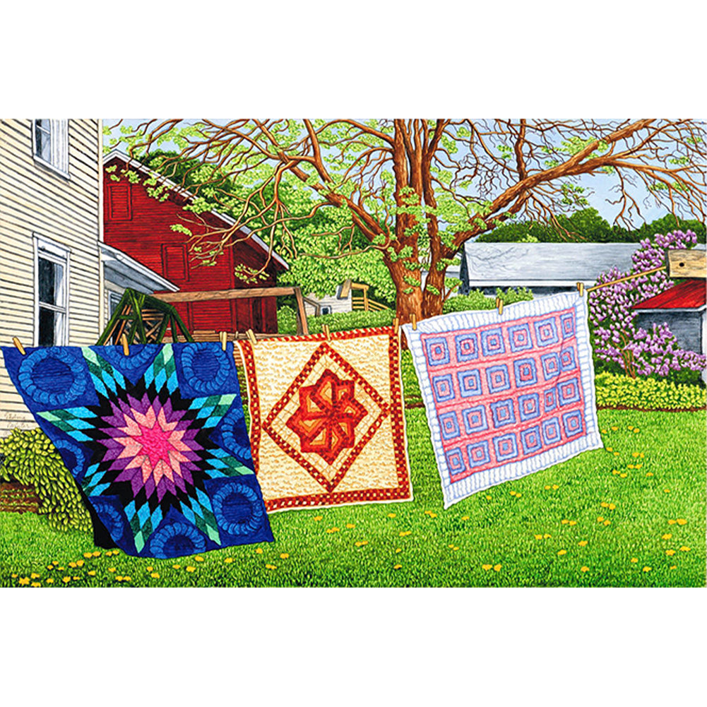 Drying Clothes In The Courtyard - 11CT Stamped Cross Stitch 70*50CM