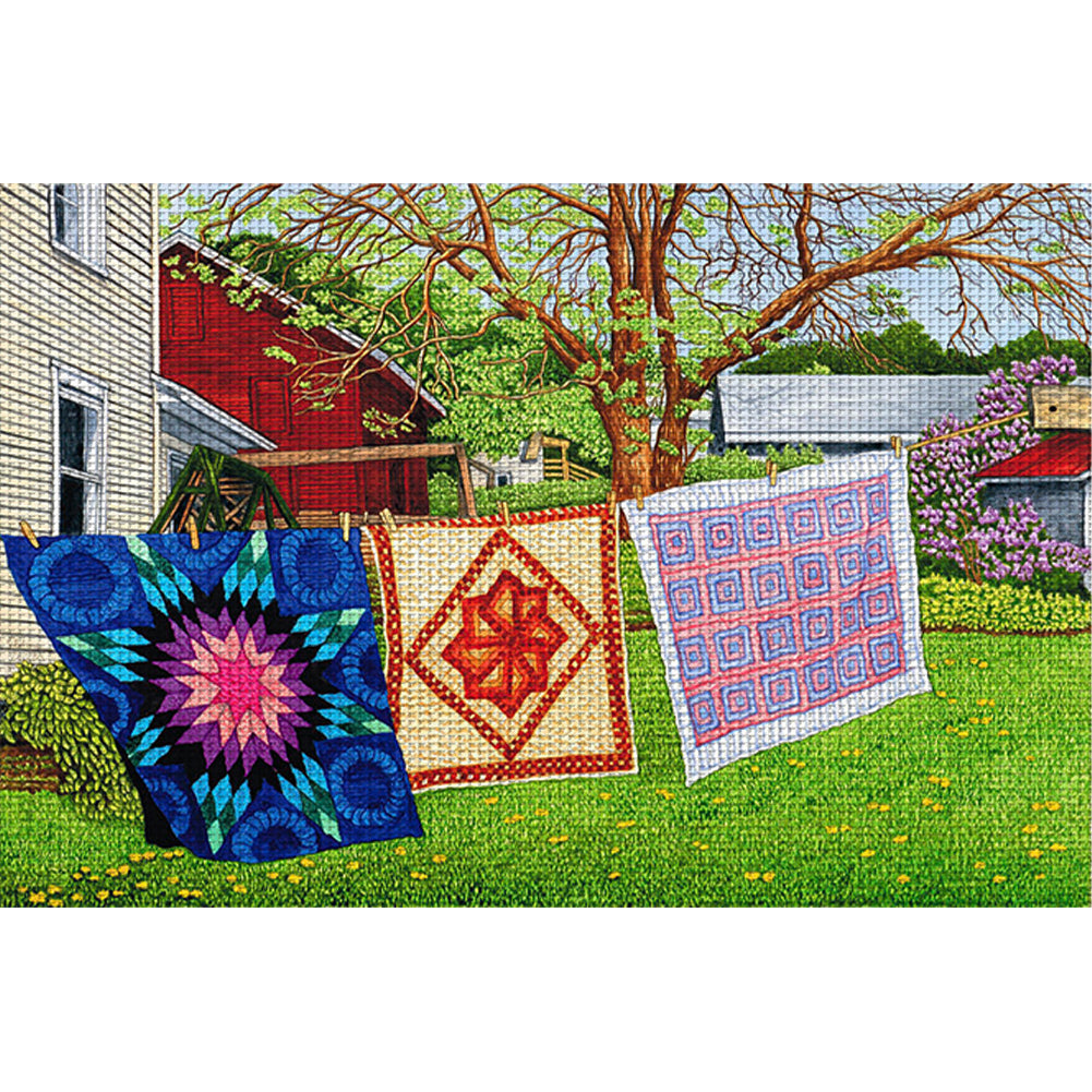 Drying Clothes In The Courtyard - 11CT Stamped Cross Stitch 70*50CM