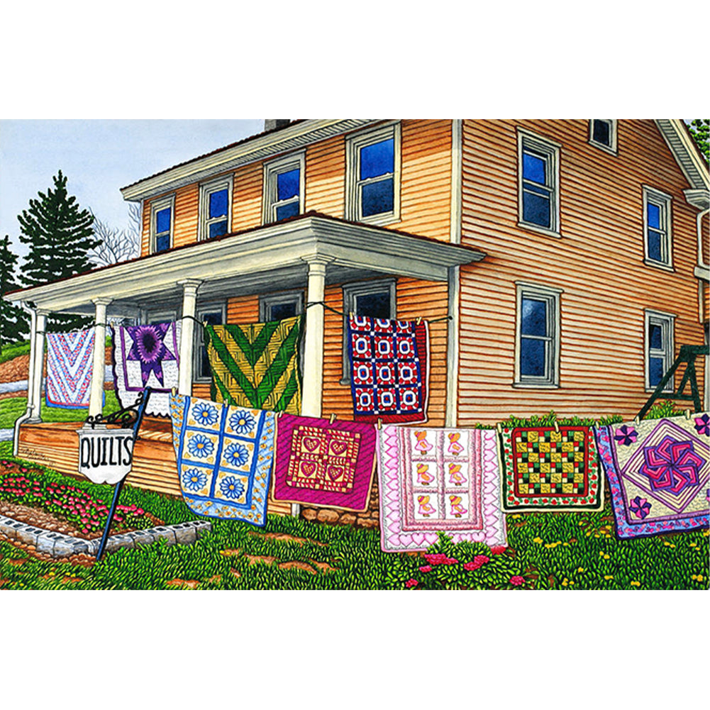 Drying Clothes In The Courtyard - 11CT Stamped Cross Stitch 70*50CM