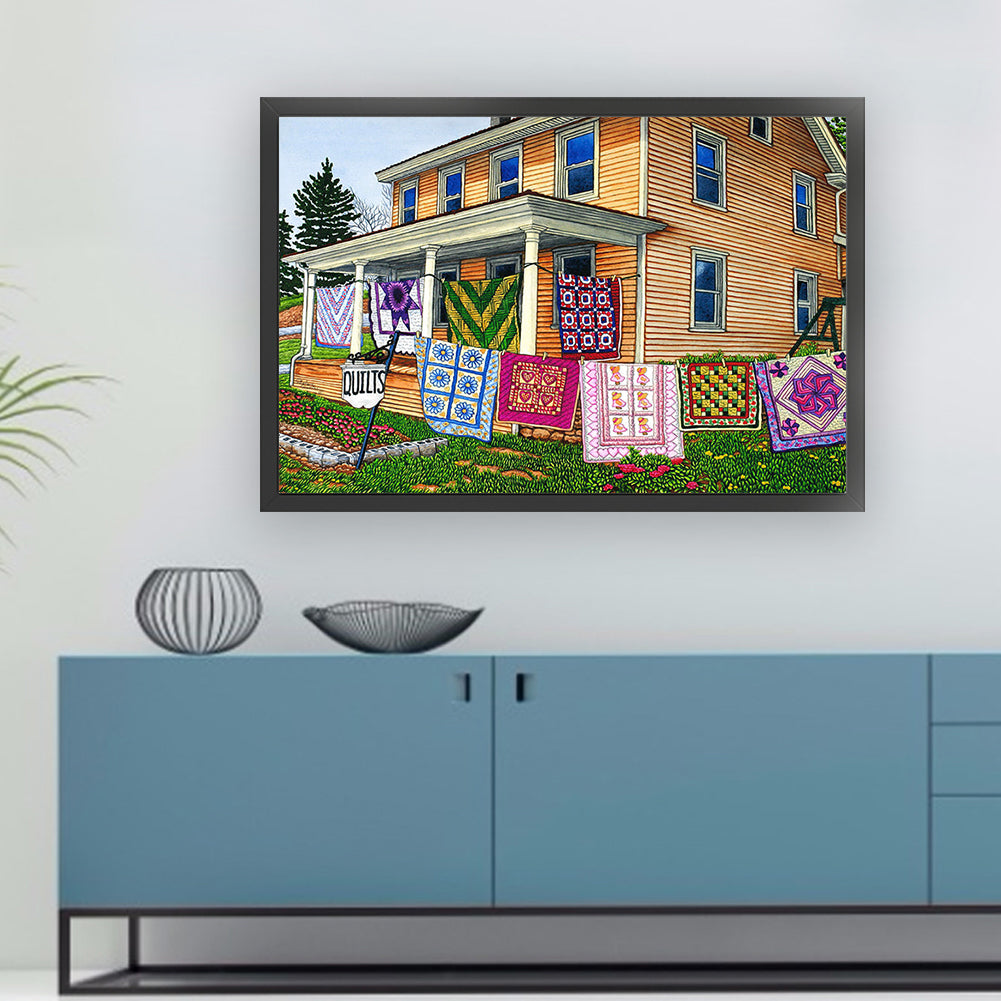 Drying Clothes In The Courtyard - 11CT Stamped Cross Stitch 70*50CM