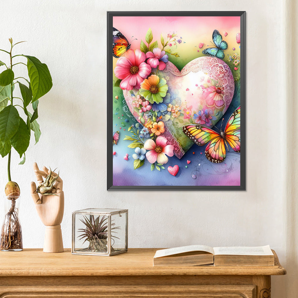 Love Hearts And Flowers Butterflies - Full Round Drill Diamond Painting 30*40CM