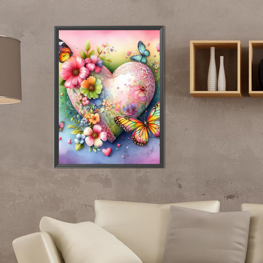 Love Hearts And Flowers Butterflies - Full Round Drill Diamond Painting 30*40CM