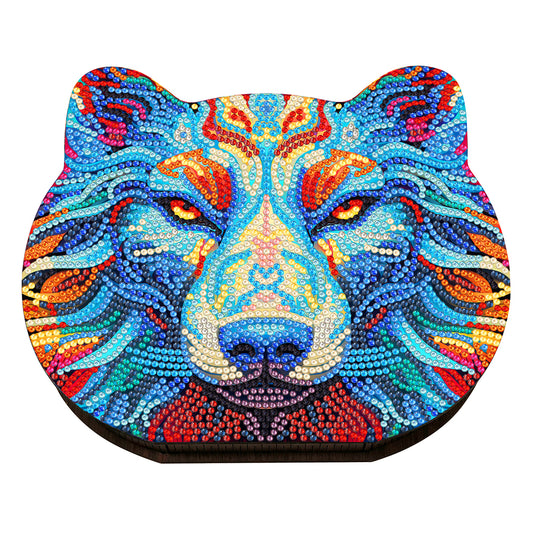 Wood Diamond Painting Jewelry Box Kit for Rings Necklace Organizer (Wolf Head)
