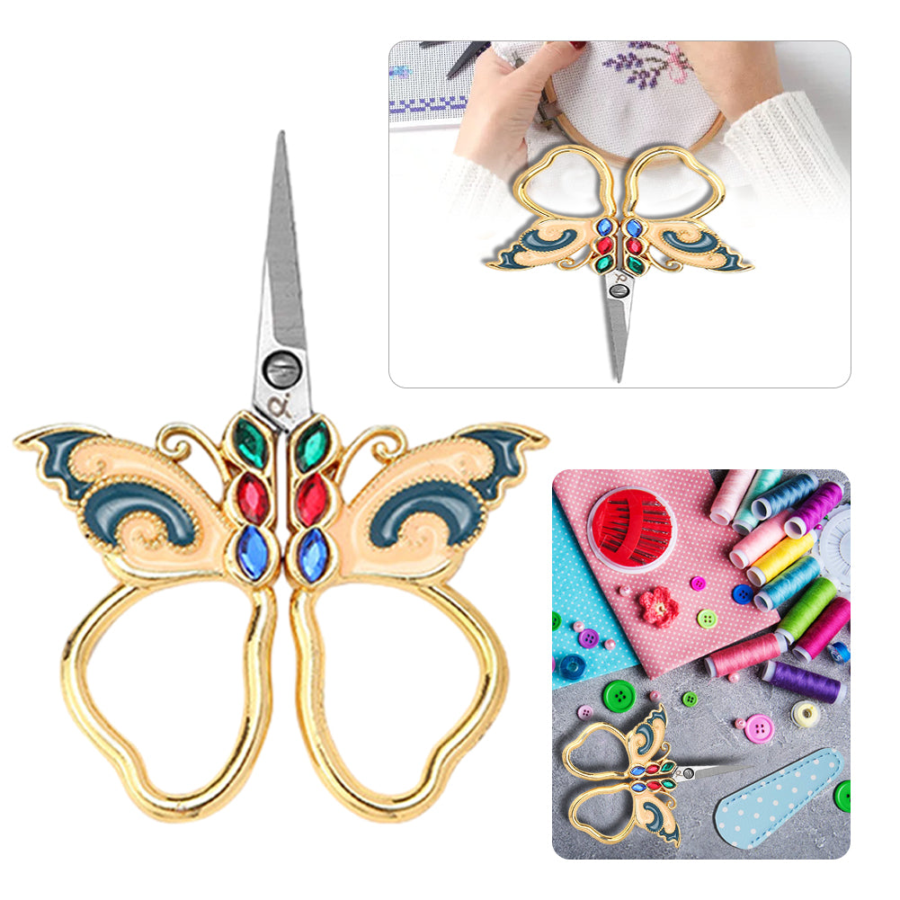 Vintage Butterfly Shape Embroidery Craft Scissors 10.9x5.9cm (Gold Blue Pink)