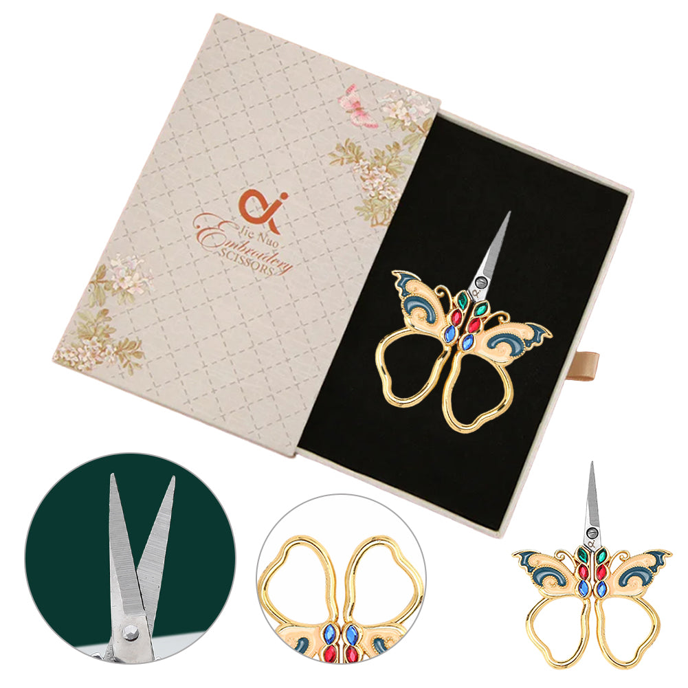 Vintage Butterfly Shape Embroidery Craft Scissors 10.9x5.9cm (Gold Blue Pink)