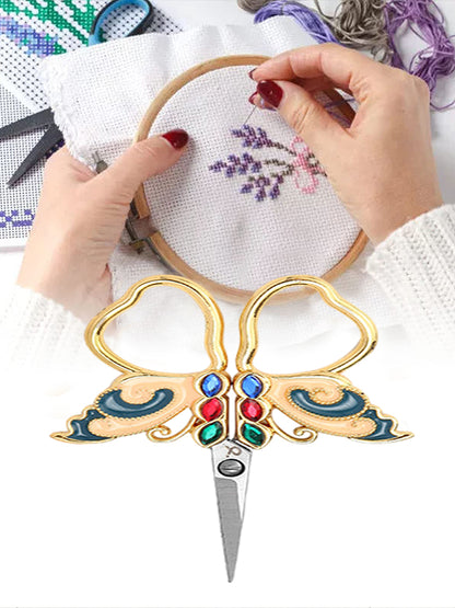 Vintage Butterfly Shape Embroidery Craft Scissors 10.9x5.9cm (Gold Blue Pink)