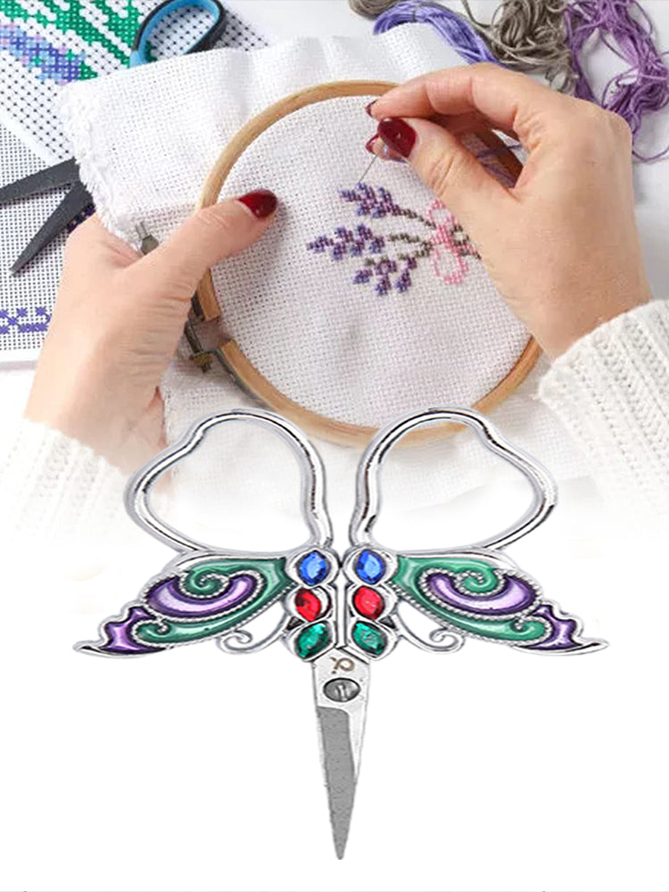 Vintage Butterfly Shape Embroidery Craft Scissors 10.9x5.9cm (Silver Blue Pink)