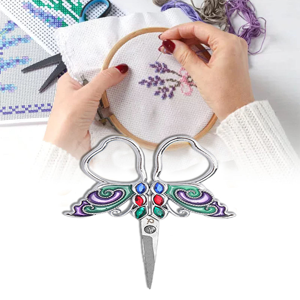 Vintage Butterfly Shape Embroidery Craft Scissors 10.9x5.9cm (Silver Blue Pink)