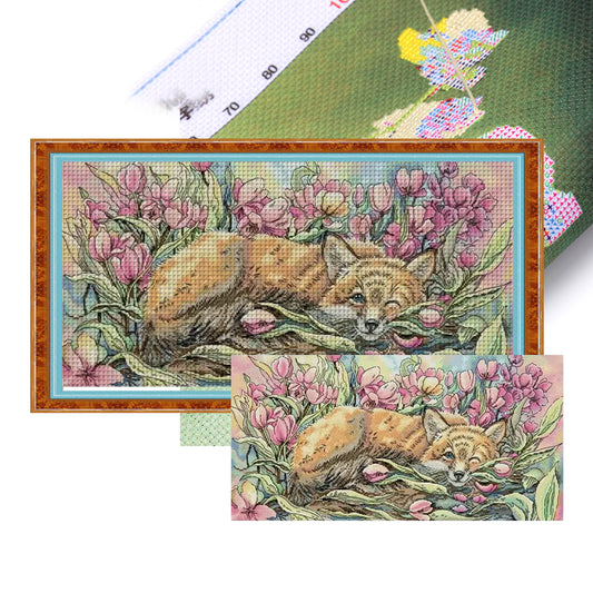 Fox In Flowers - 14CT Stamped Cross Stitch 59*32CM(Joy Sunday)