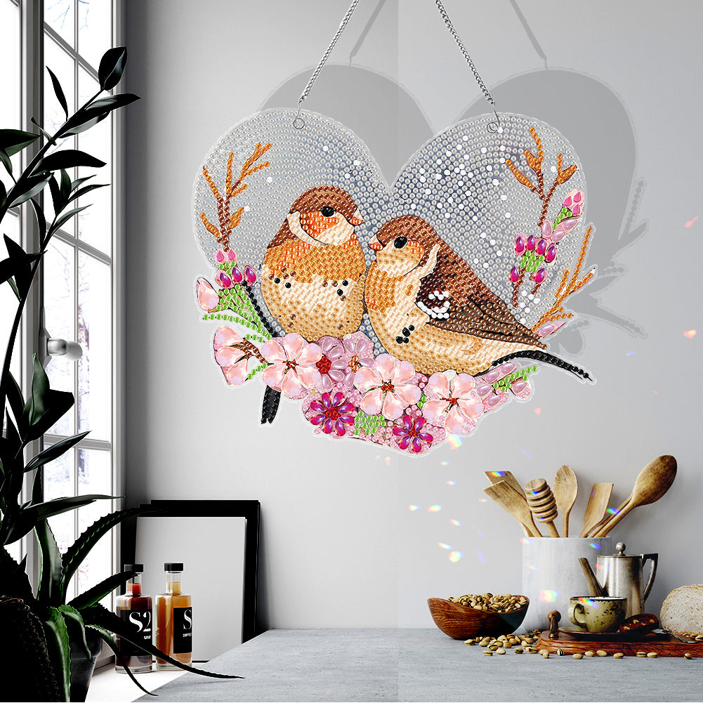 Acrylic Single-Sided 5D DIY Diamond Painting Hanging Pendant (Heart Sparrows)