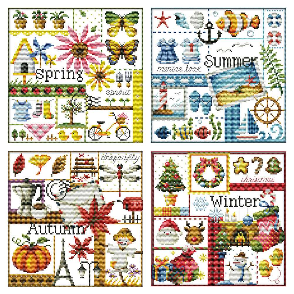 Four Seasons Spring, Summer, Autumn And Winter - 14CT Stamped Cross Stitch 26*26CM(Joy Sunday)