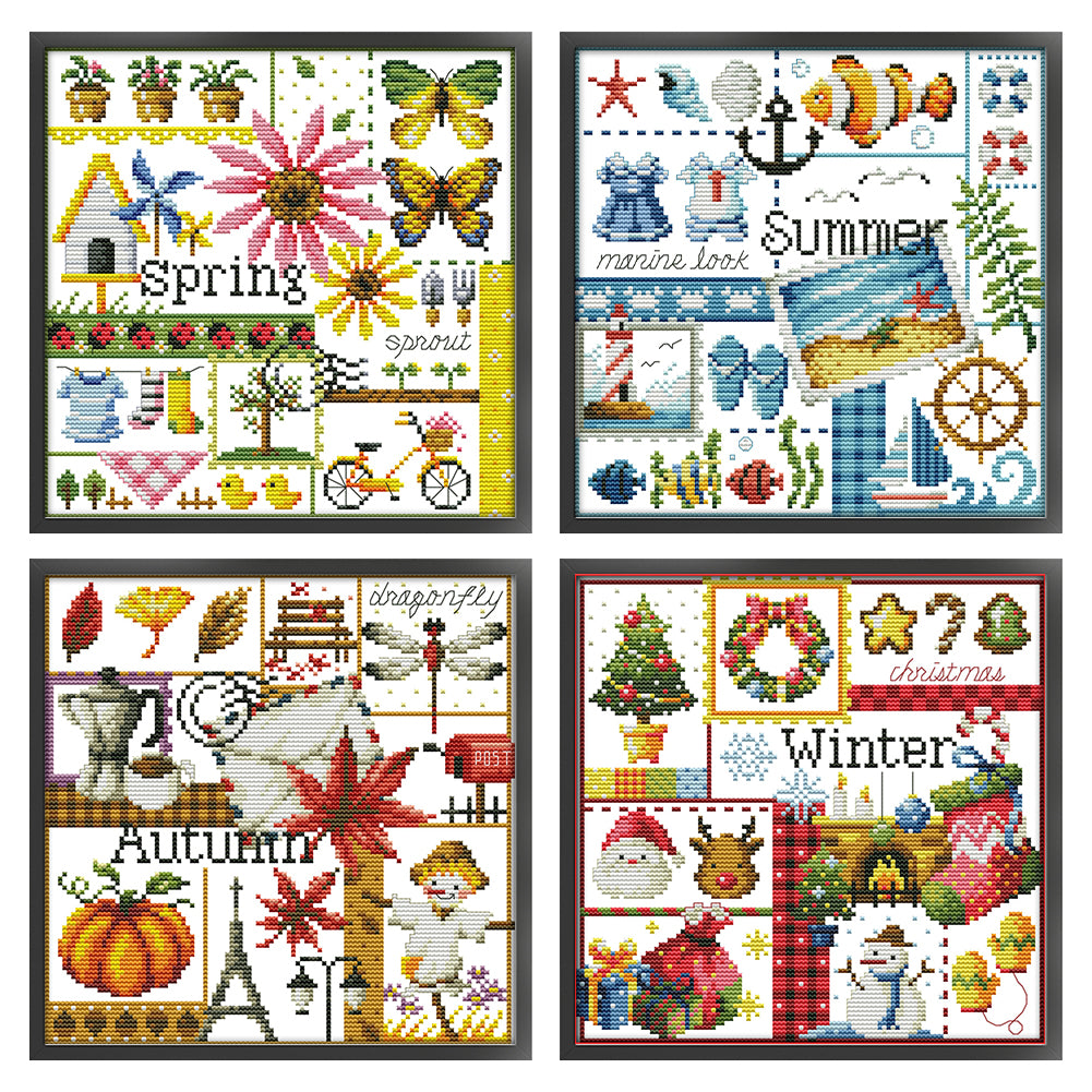 Four Seasons Spring, Summer, Autumn And Winter - 14CT Stamped Cross Stitch 26*26CM(Joy Sunday)