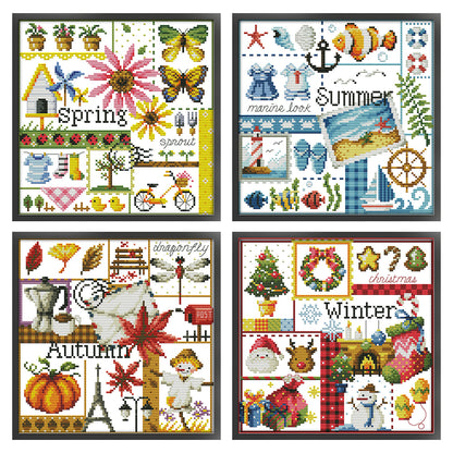 Four Seasons Spring, Summer, Autumn And Winter - 14CT Stamped Cross Stitch 26*26CM(Joy Sunday)