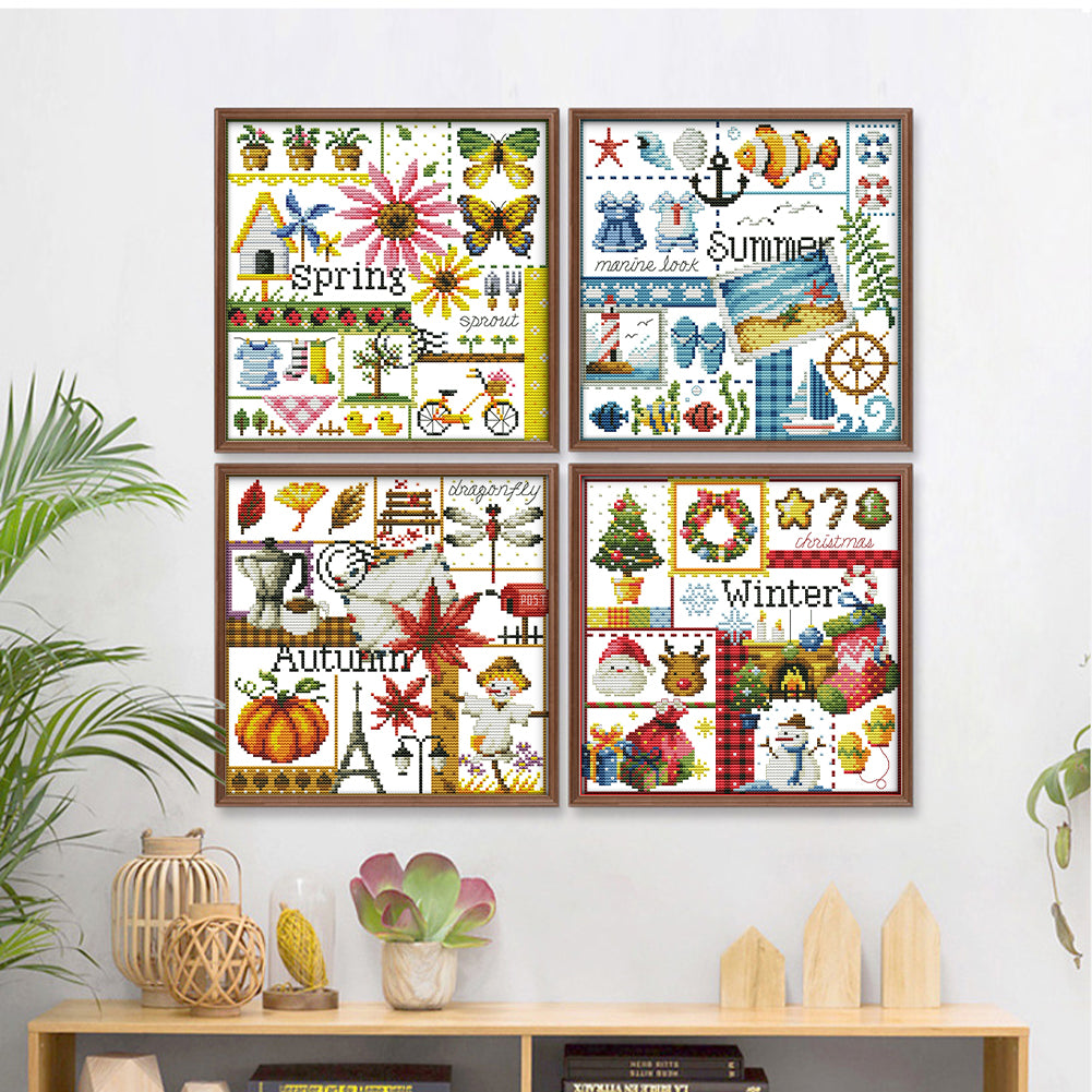 Four Seasons Spring, Summer, Autumn And Winter - 14CT Stamped Cross Stitch 26*26CM(Joy Sunday)