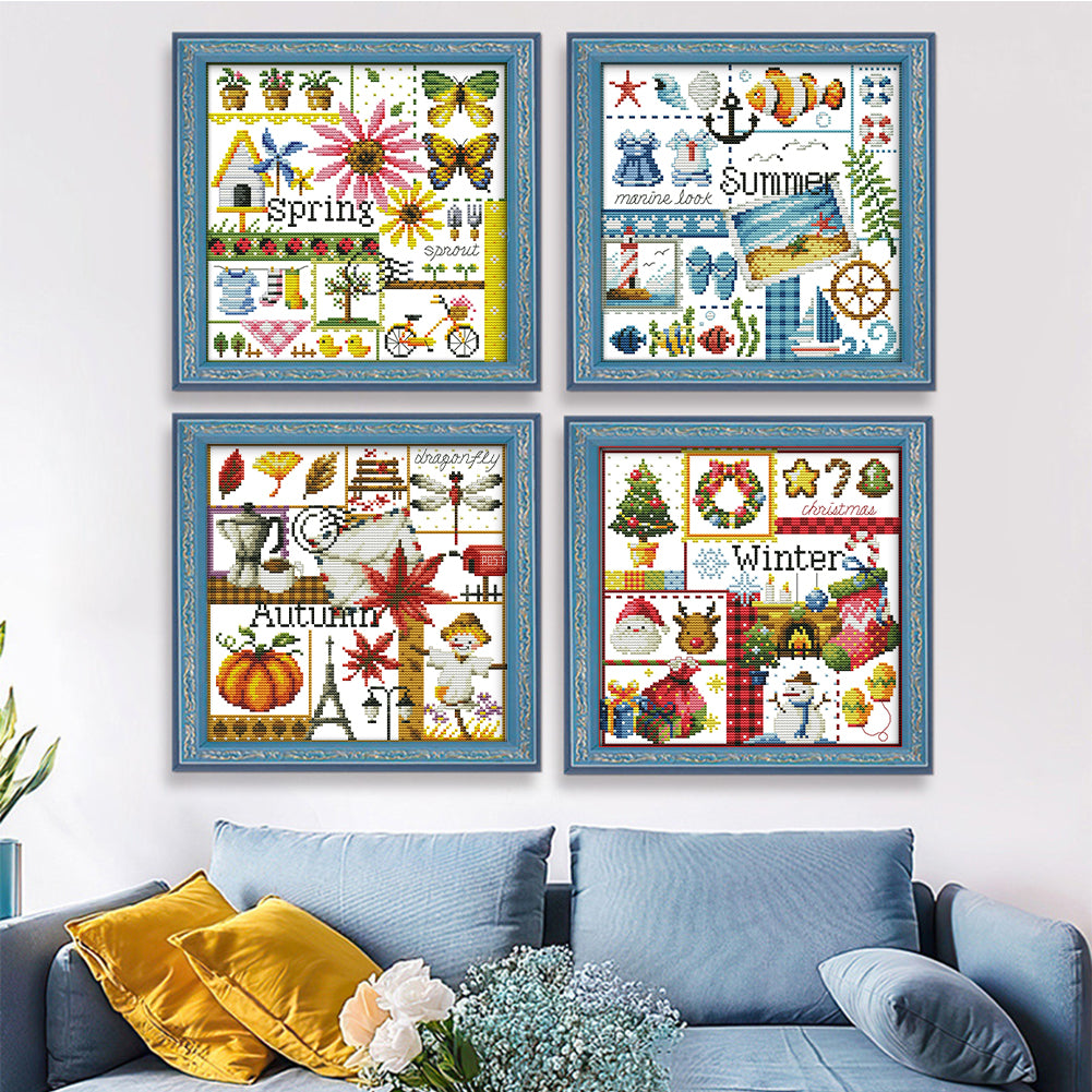 Four Seasons Spring, Summer, Autumn And Winter - 14CT Stamped Cross Stitch 26*26CM(Joy Sunday)