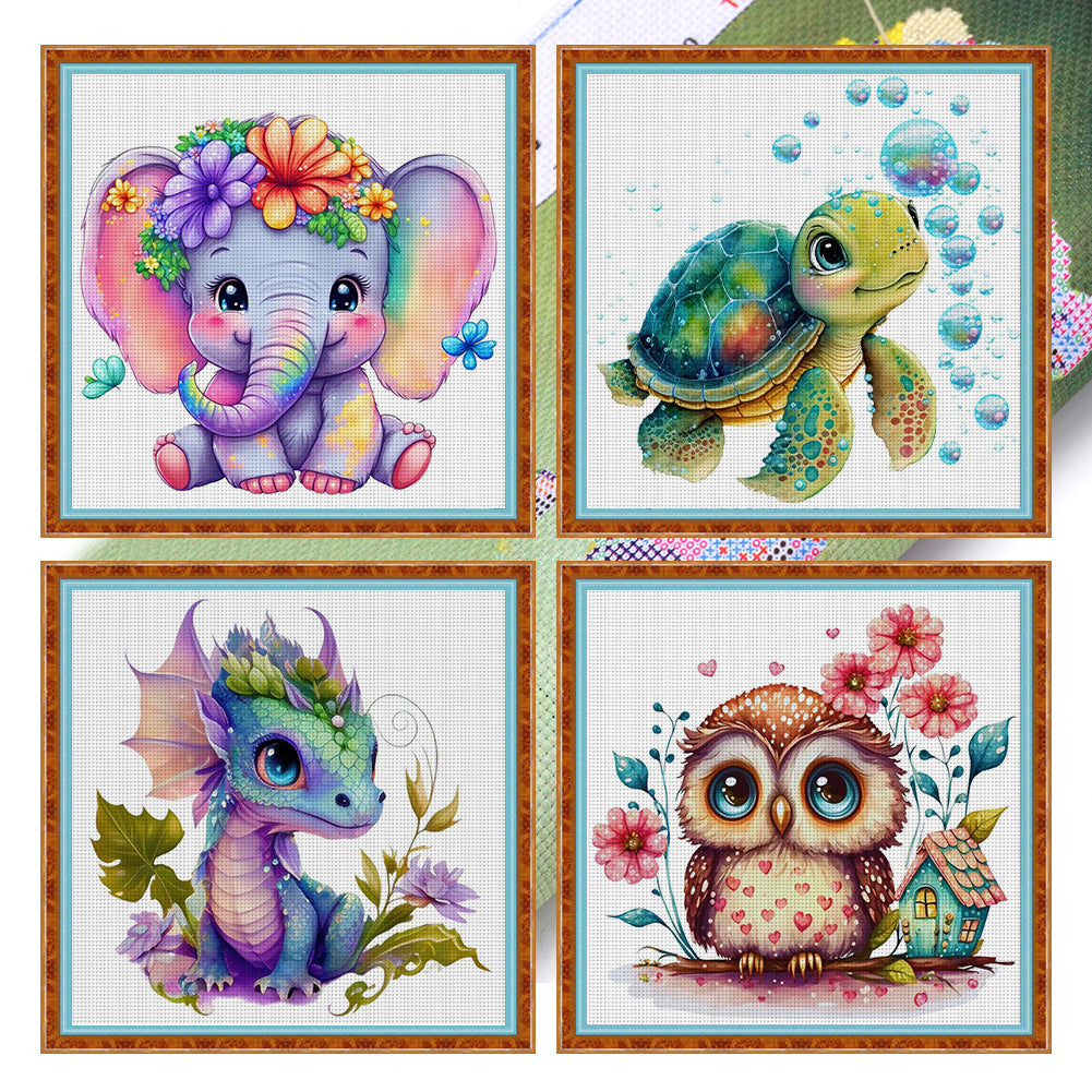 Elephant Turtle Pterosaur Owl - 18CT Stamped Cross Stitch