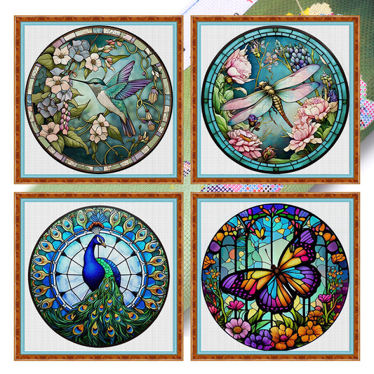 Glass Painting-Hummingbird, Dragonfly, Peacock, Butterfly - 18CT Stamped Cross Stitch