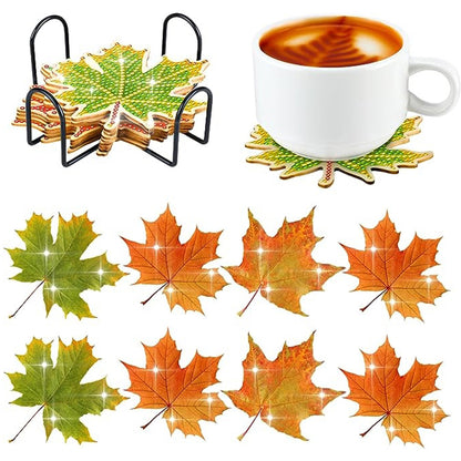 8 Pcs Acrylic Diamond Painting Coasters Kits with Holder Cork Pads (Maple Leaf)