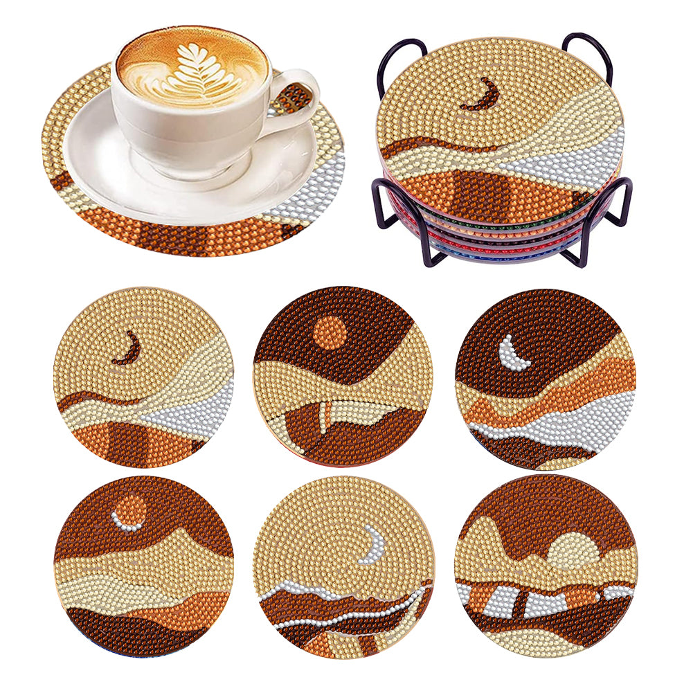 6Pcs Acrylic Diamond Painting Coaster with Holder Cork Pads(Geometric Landscape)