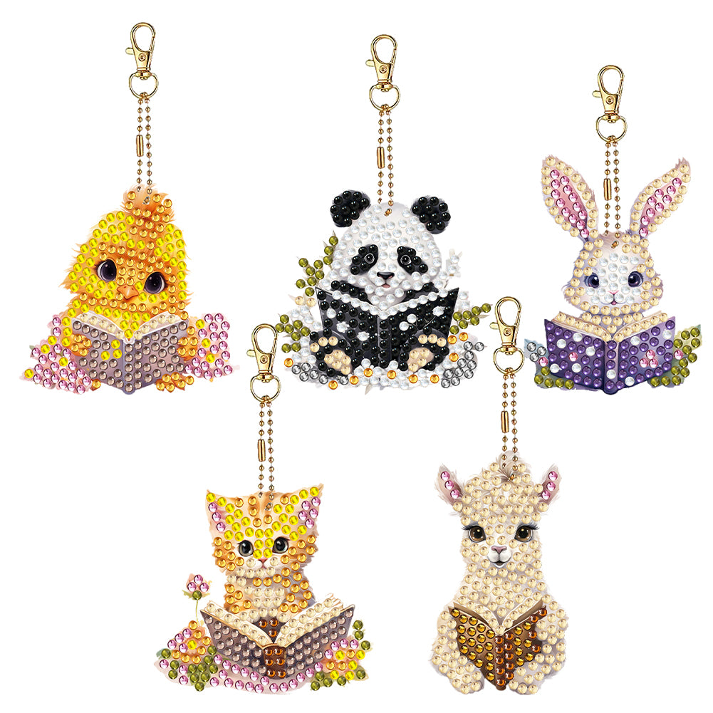 5 Pcs Double Sided Diamond Painting Keychain for Beginners Adult(Animal Reading)