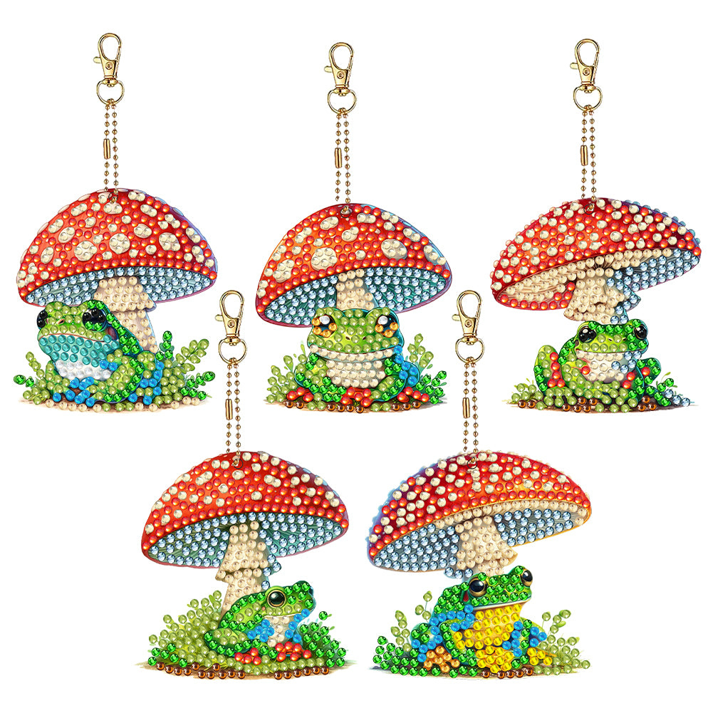 5 Pcs Double Sided Diamond Painting Keychain for Beginners Adult (Mushroom Frog)